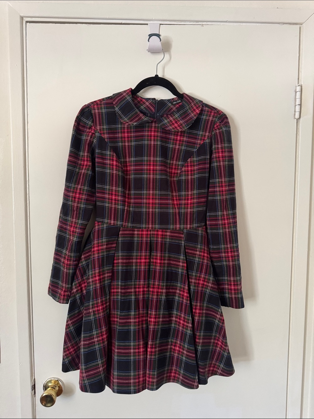Plaid Fit-and-Flare Long Sleeve Dress with Peter Pan Collar